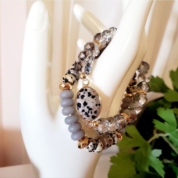 Jewelry - 𝅺dalmatian Jasper Stone and Glass Beaded Bracelet Set